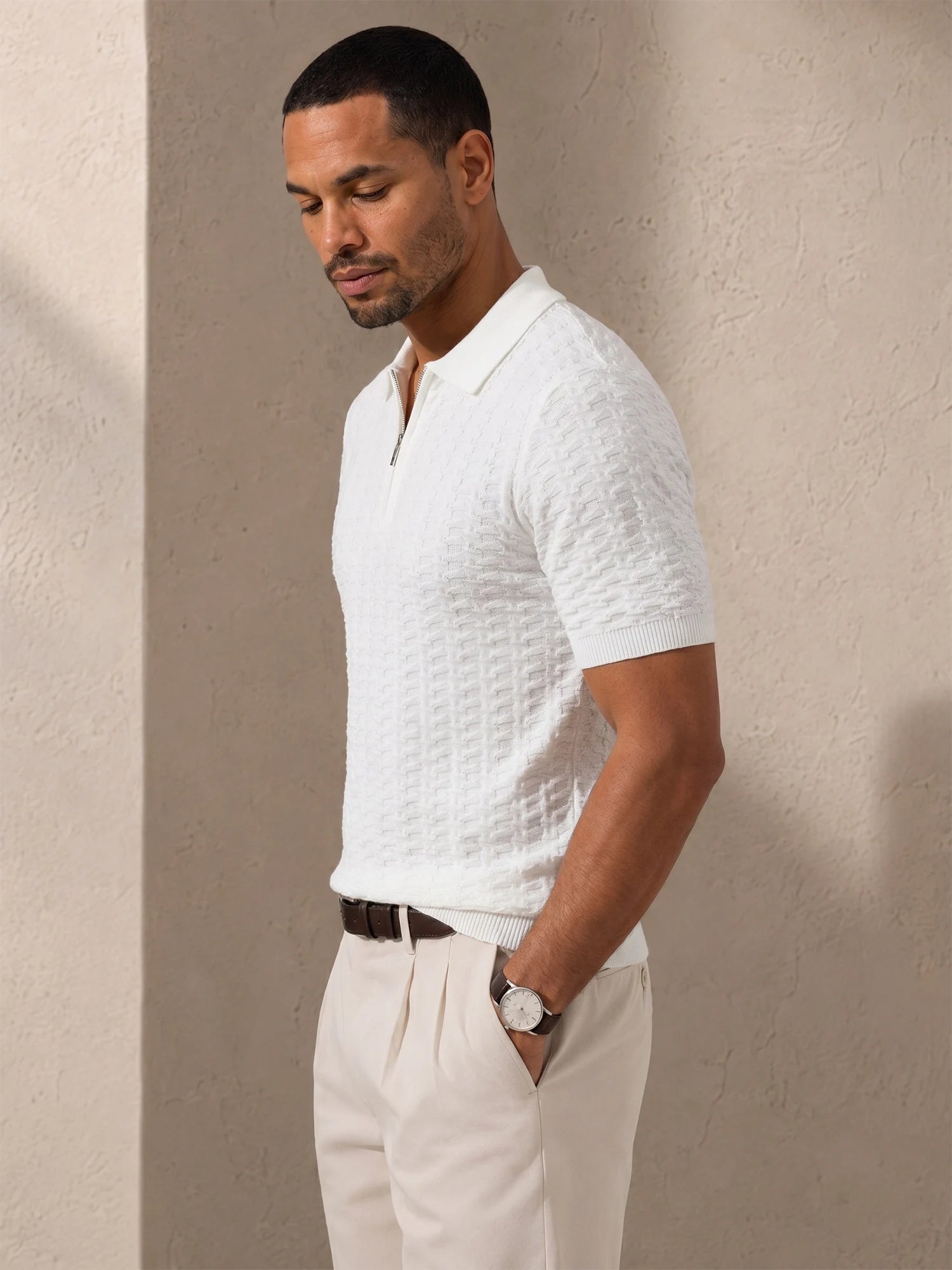 Men's Textured Knitted Zipper Polo Shirt