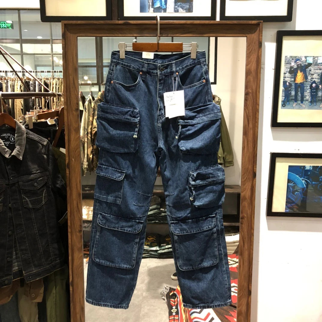 Multi Pockets Dark Blue Denim Jeans