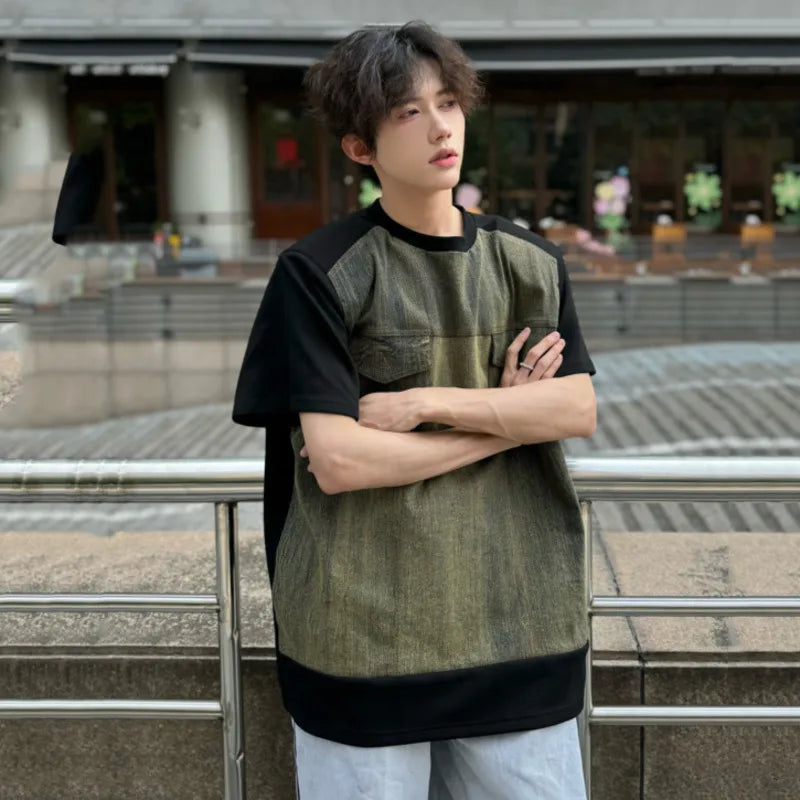 Two Pockets Denim Stitched T-Shirt