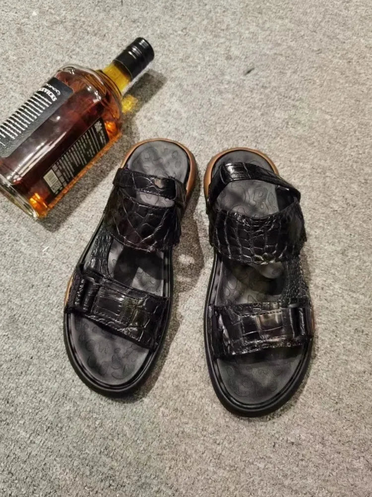 Black Crocodile Skin Leather Sandals