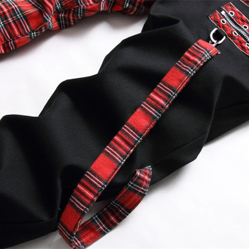 Red Plaid Patchwork Punk Zipper Jeans