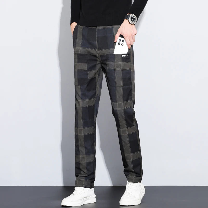 Plaid Check Pattern Straight Slim Pants