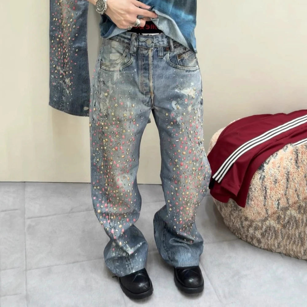 Washed Distressed Beads Decor Jeans