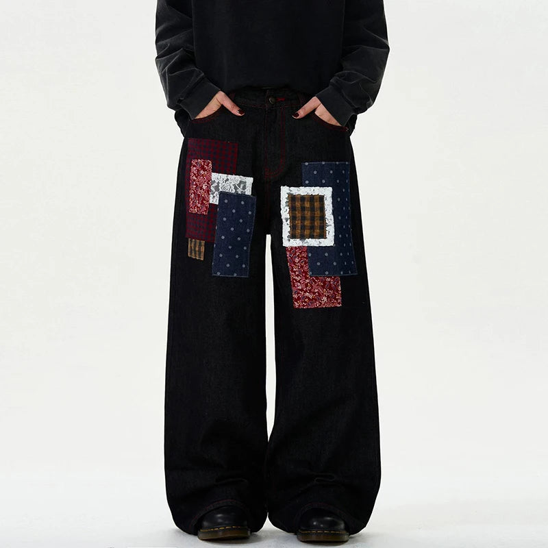 Black Plaid Patchwork Men's Jeans