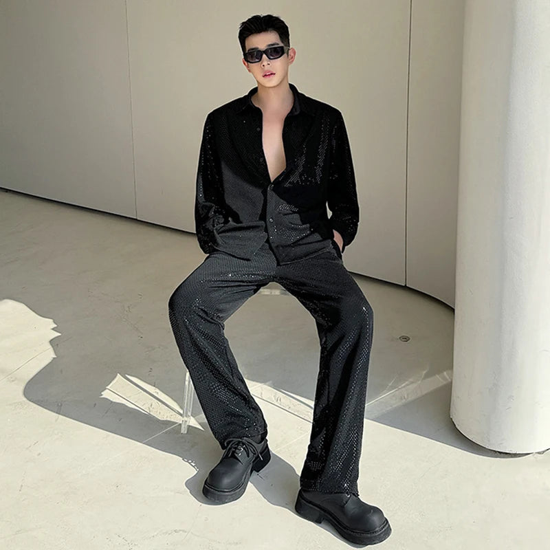 Single Breasted Solid Bling Pants Set