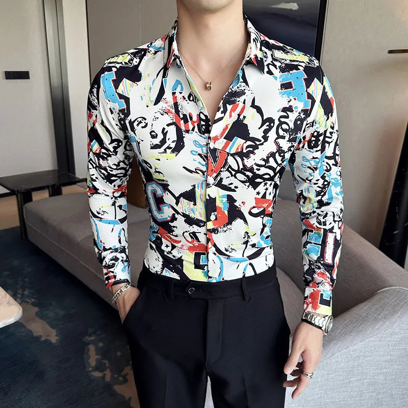 Streetwear Graffiti Printed Long Sleeved Men Shirt