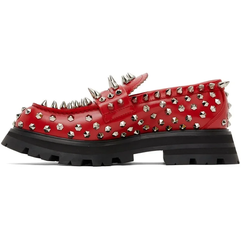 Red Spikes Rivets Leather Loafers
