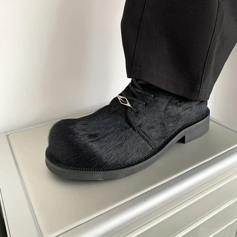 Round Toe Horsehair Fur Derby Shoes