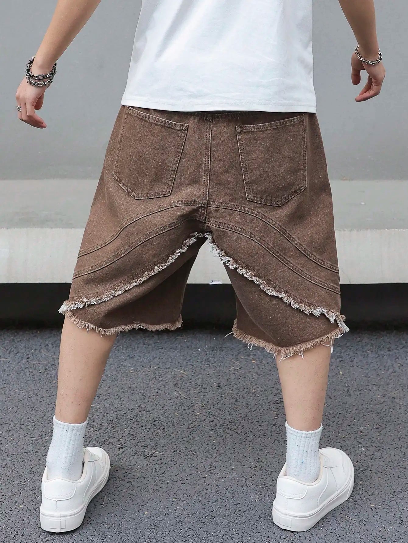 Fringe Design Brown Denim Shorts