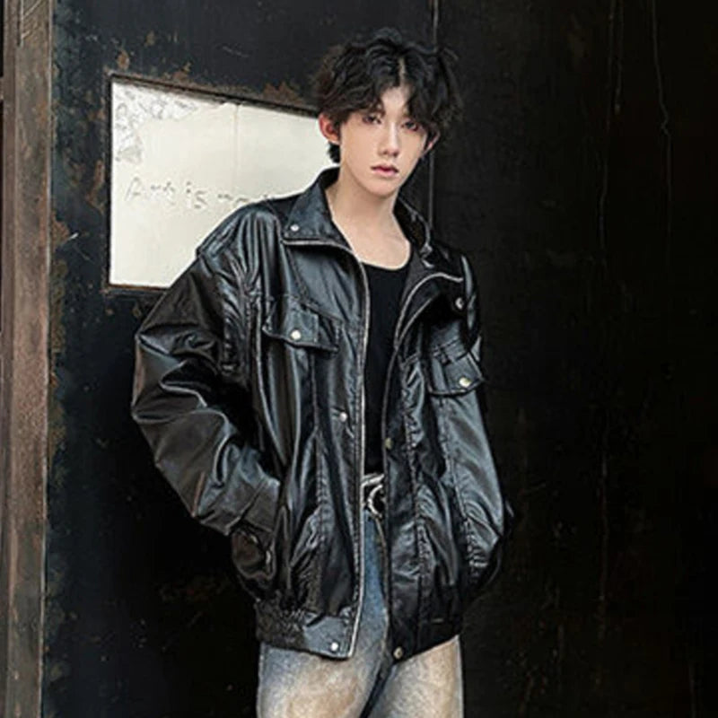 Black Solid Color PU Leather Jacket