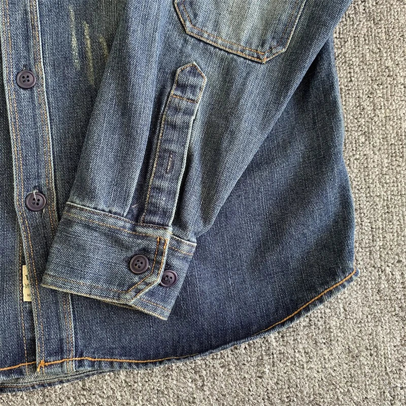 Denim Little Ripped Turn-down Collar Shirt