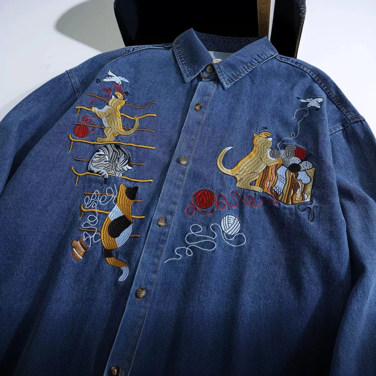 Denim Cat Embroidered Loose Shirt
