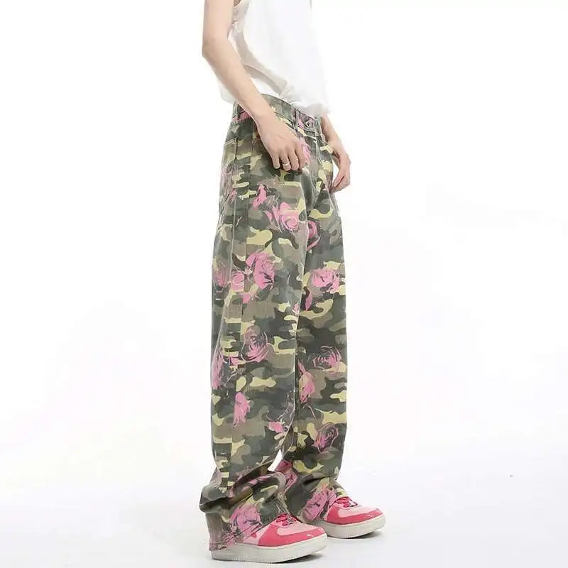 Pink Full Print Rose Camouflage Pattern Jeans
