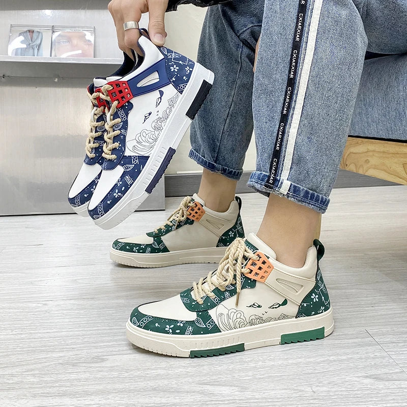 Geometric-Printed PU Leather Sneakers