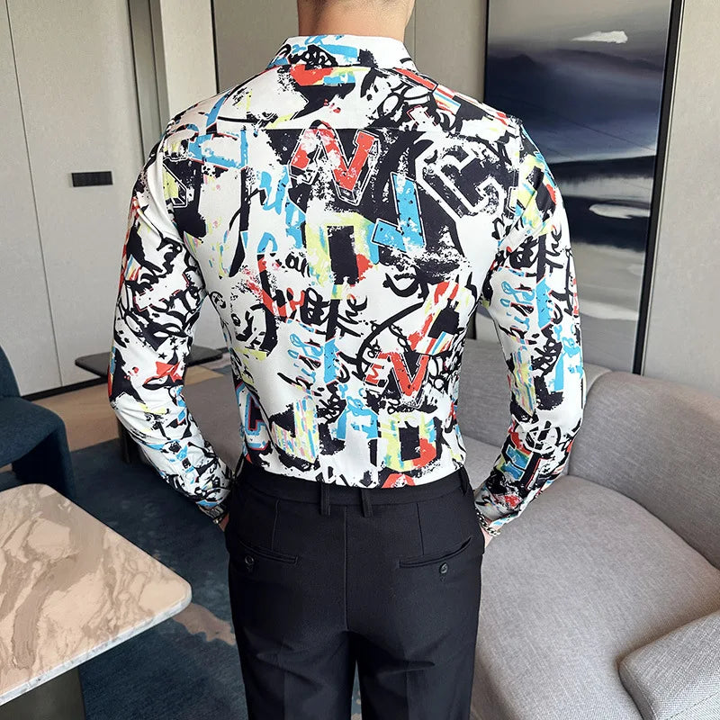 Streetwear Graffiti Printed Long Sleeved Men Shirt