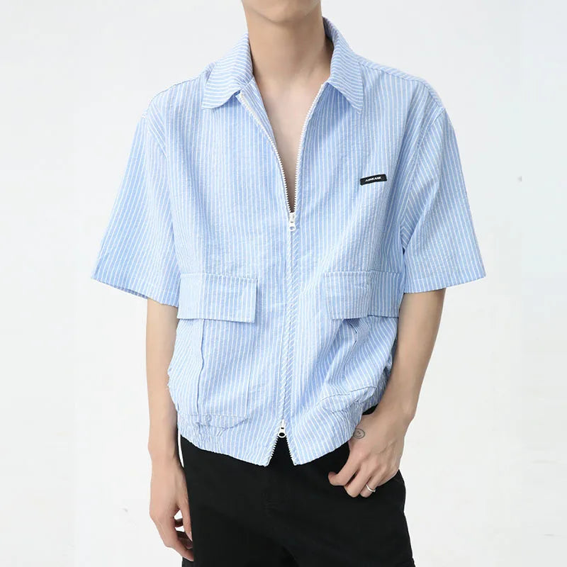 Blue Stripe Double Zippers Shirt
