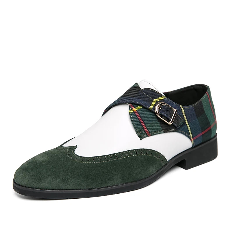 Plaid Suede Wingtip Monk Shoes
