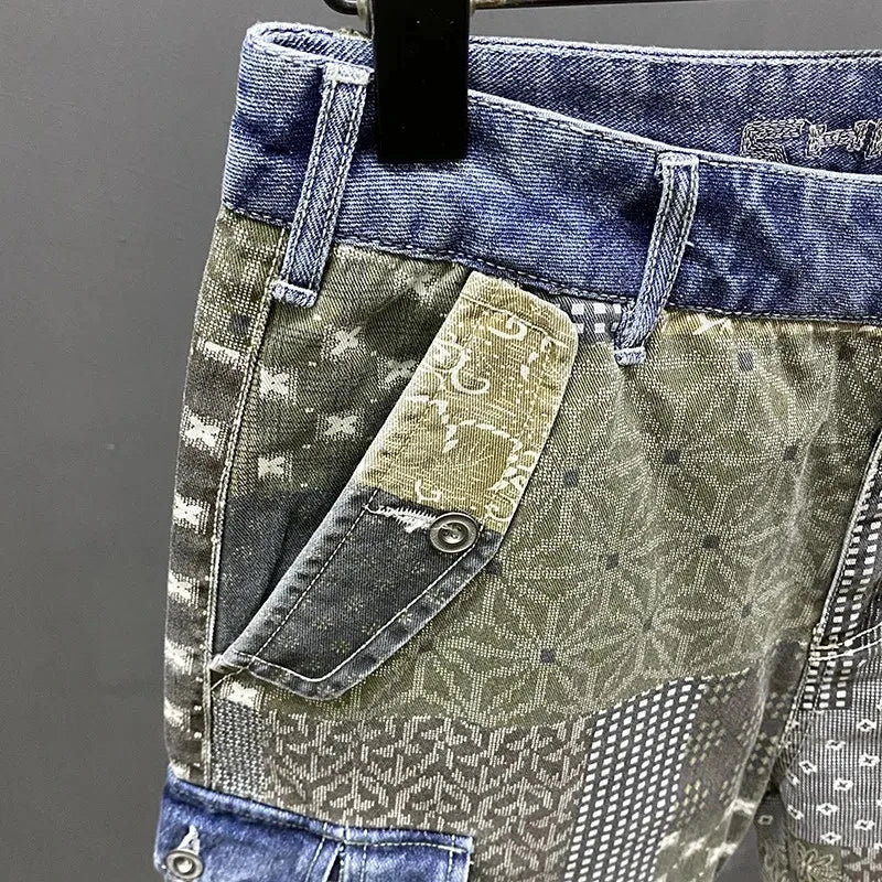 Printed Patchwork Design Denim Shorts