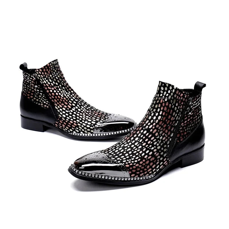 Pointed Iron Toe Color Leather Ankle Boots