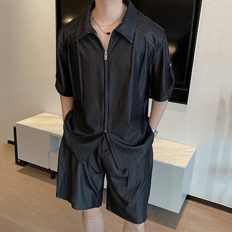 Zipper Half Sleeve Shirt Shorts Set