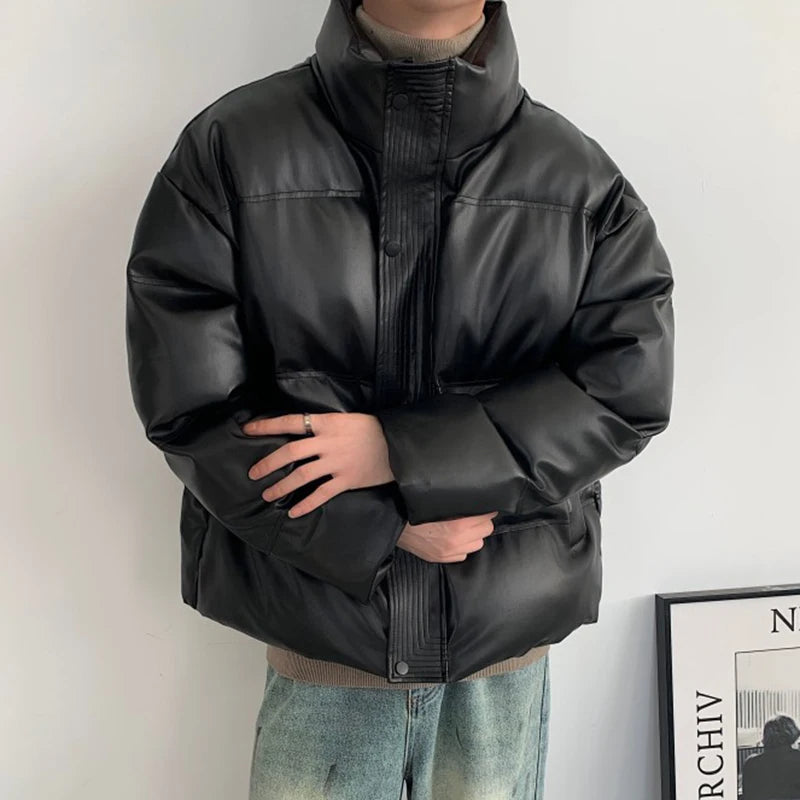 Solid Brown Padded PU Leather Jacket