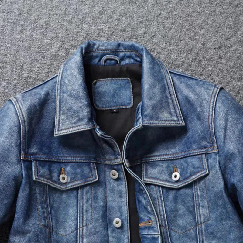Light Blue Washed Denim Leather Jacket