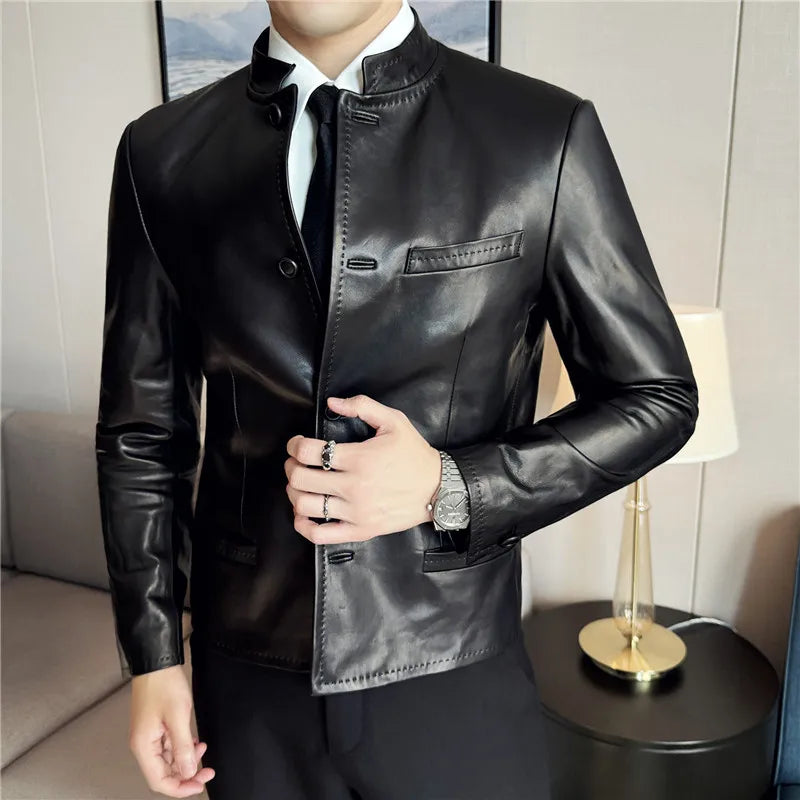 Shiny Black Leather Stand Collar Jacket