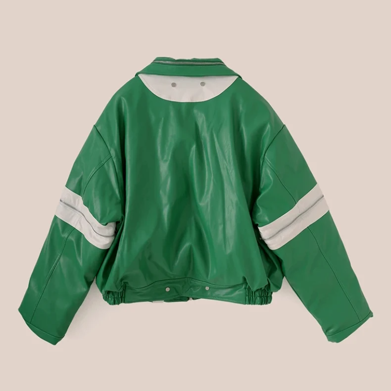 Green and White Pu Leather Jacket