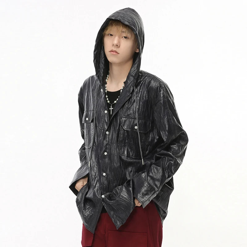 Solid Hooded Pleated Drawstring Jacket