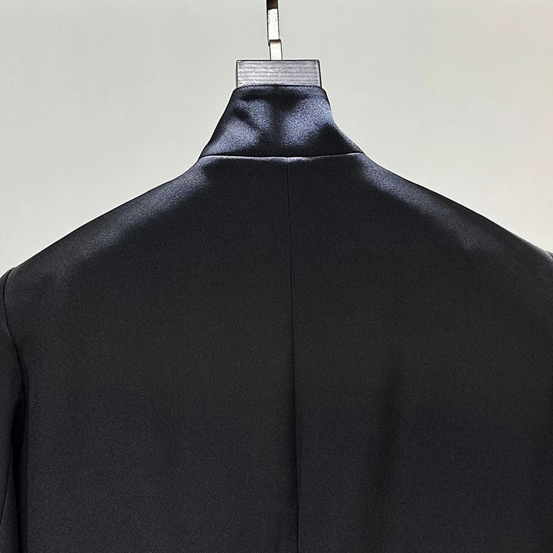 Buttons Stand Collar Padded Shoulder Blazer