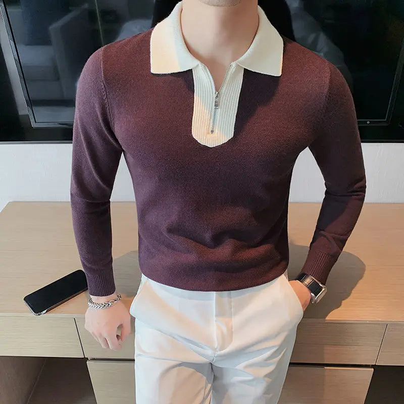 Lapel Half Zipper Long Sleeve Polo Shirt