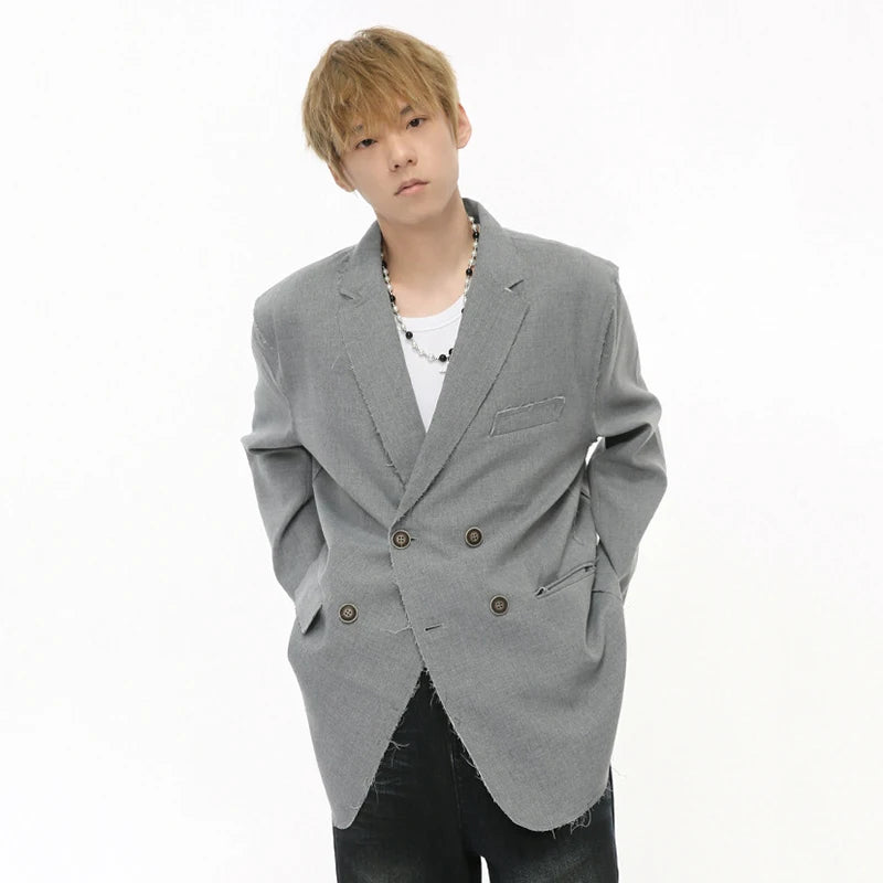 Raw Edge Double Breasted Solid Blazer