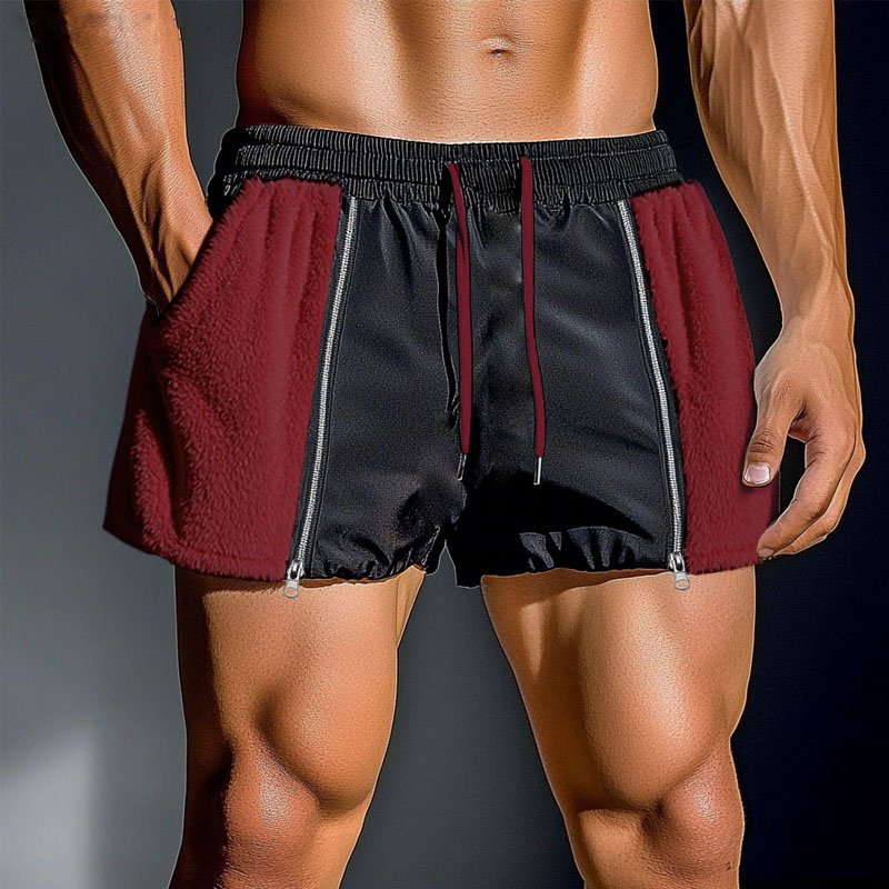 Fleece Plush Patchwork Drawstring Shorts