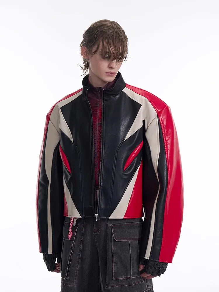 Color Block Stand Collar Racer Jacket