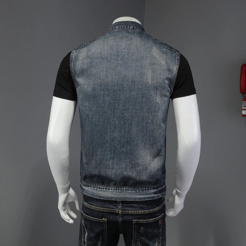 Retro Ripped Hollow Denim Zipper Vest