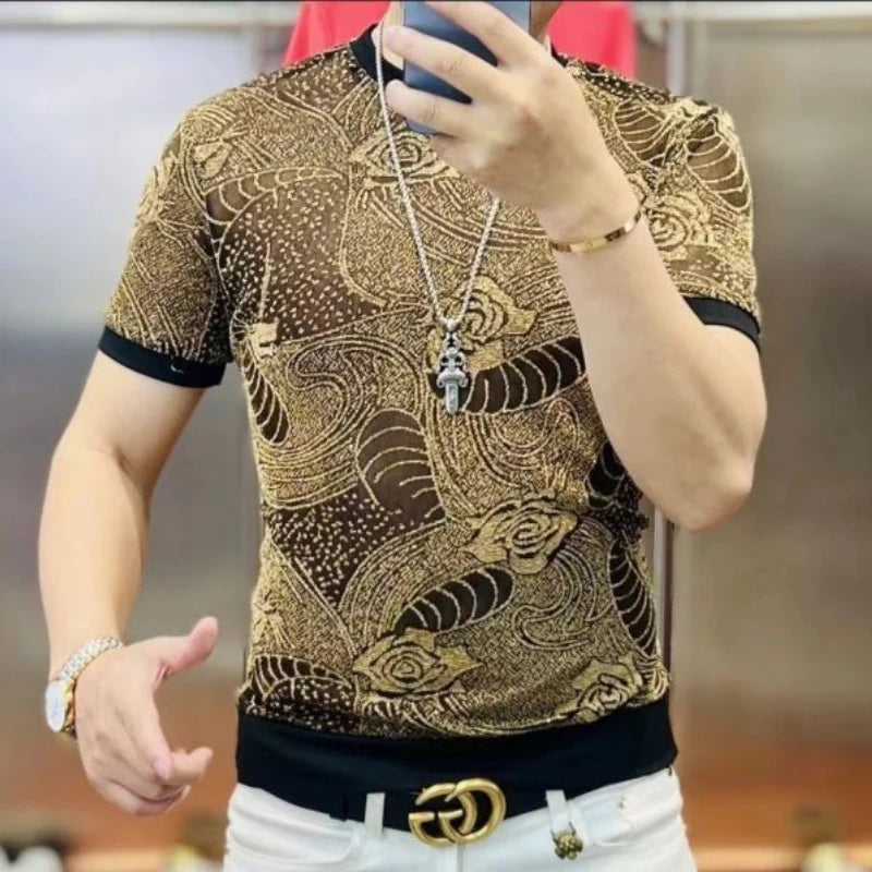 Hollow Mesh Printed Casual T-Shirt