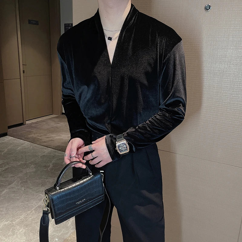 Black Solid V-Neck Velvet T-Shirt