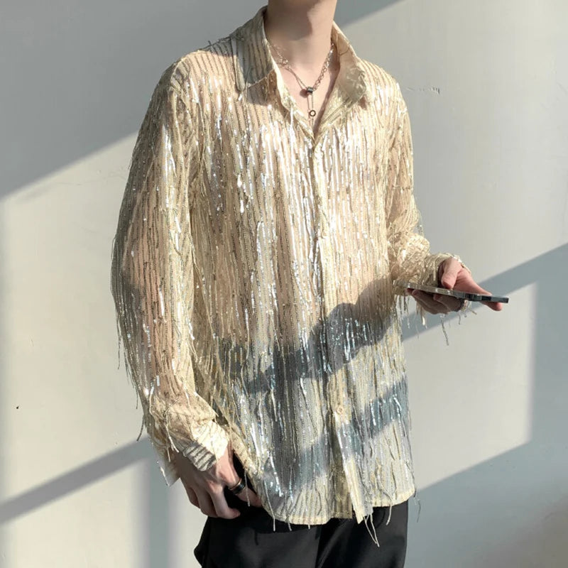 Tassel Sequins Lapel Thin Loose Shirt