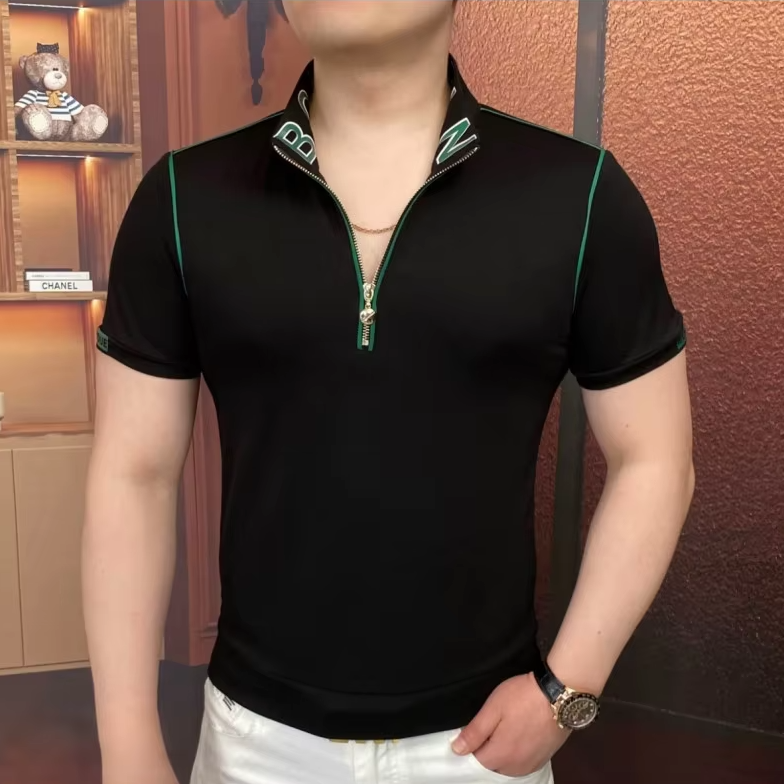 Black Collar Embroidered Zipper Polo Shirt