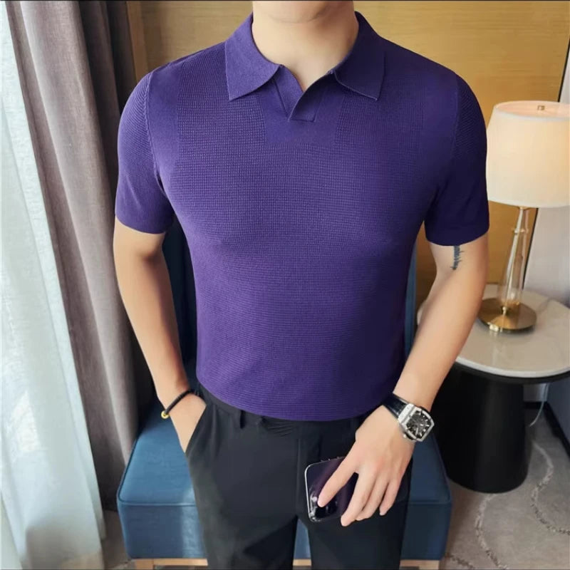 Solid V-neck Turn-Down Collar Knitted Polo Shirt