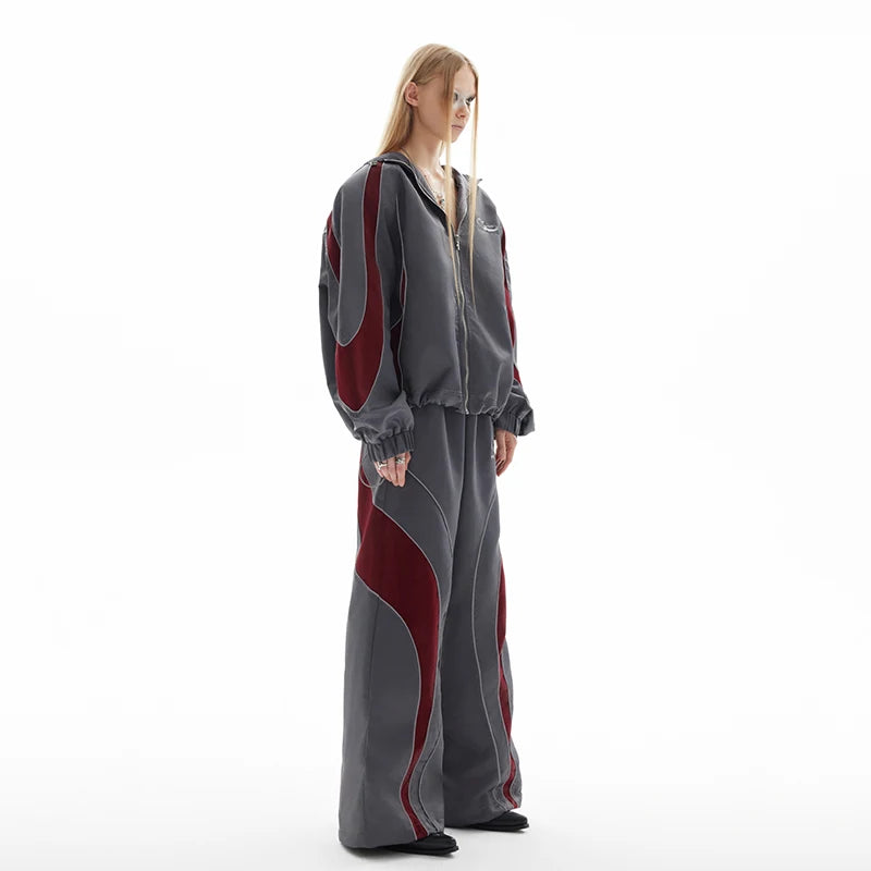 Red-Black Contrast Color Patchwork Pants Set