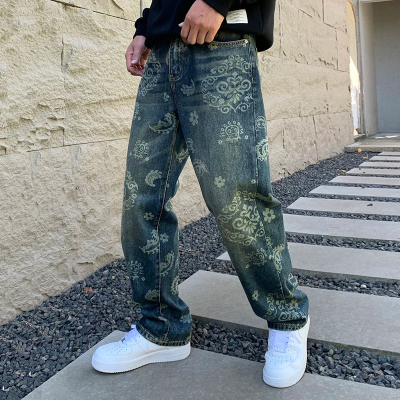 Geometric Paisley Printed Retro Men's Jeans