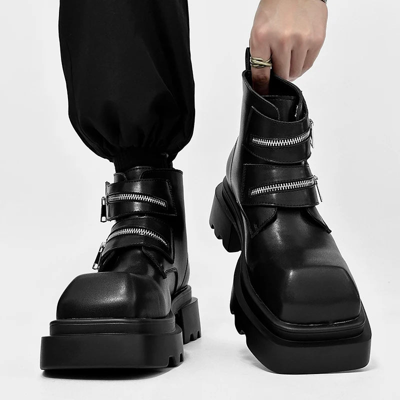 Black Split Leather Thick Bottom Boots