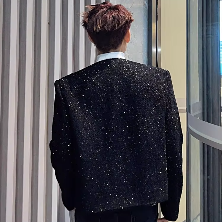 Shiny Sequined Spliced Short Jacket