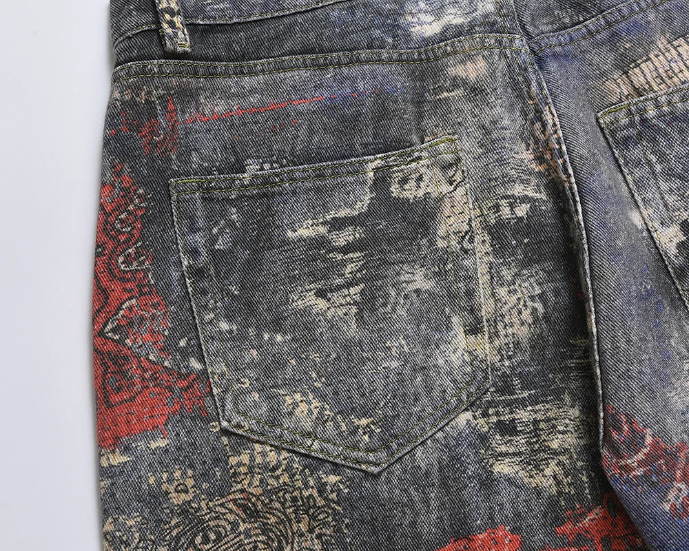 Abstract Print Distressed Casual Baggy Jeans