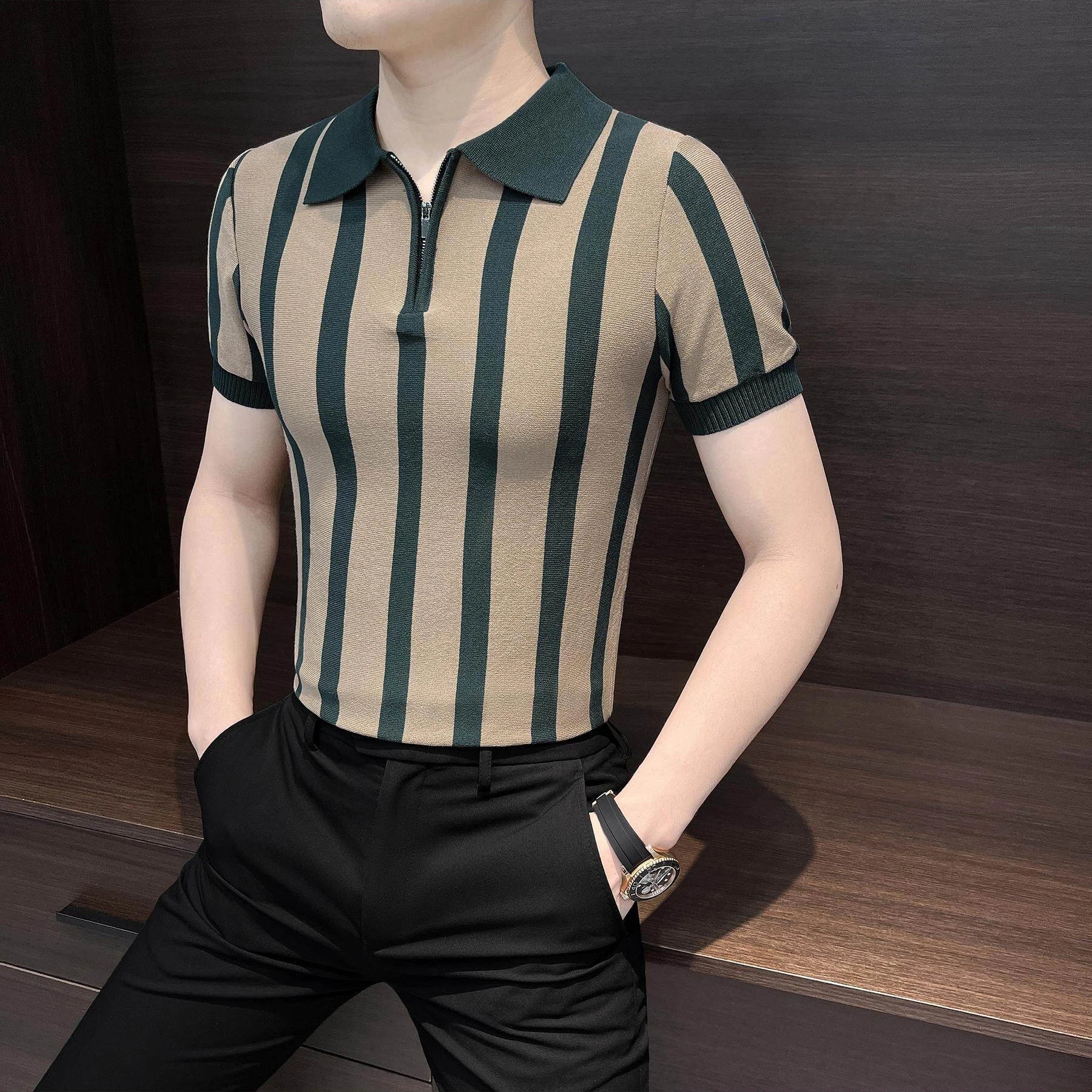 Men Summer Striped Knitted Polo Shirt