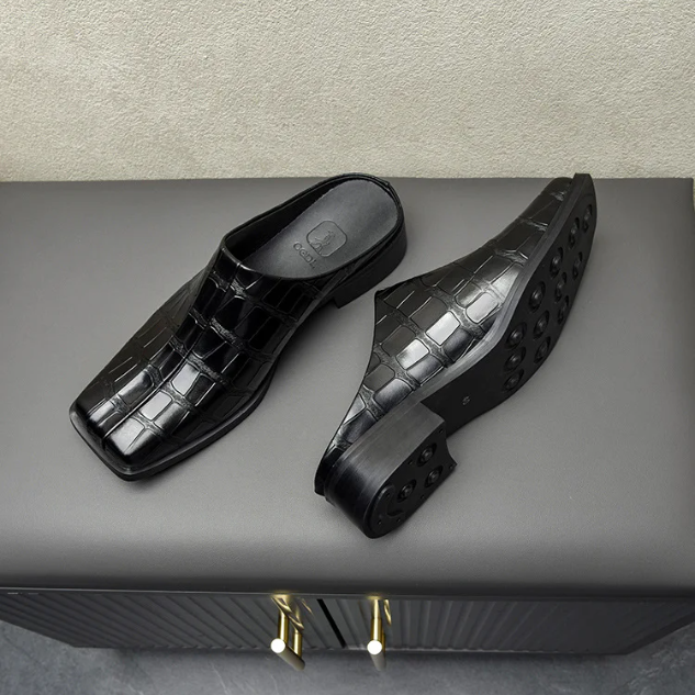 Square Toe Crocodile Skin Mules Shoes