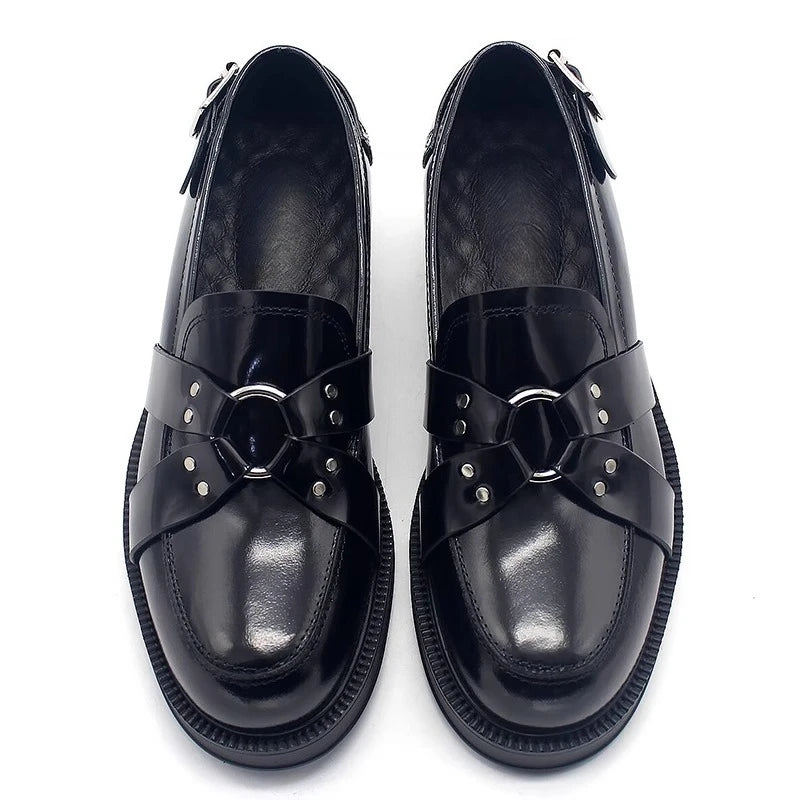 O-Metal Ring Buckle Leather Loafers