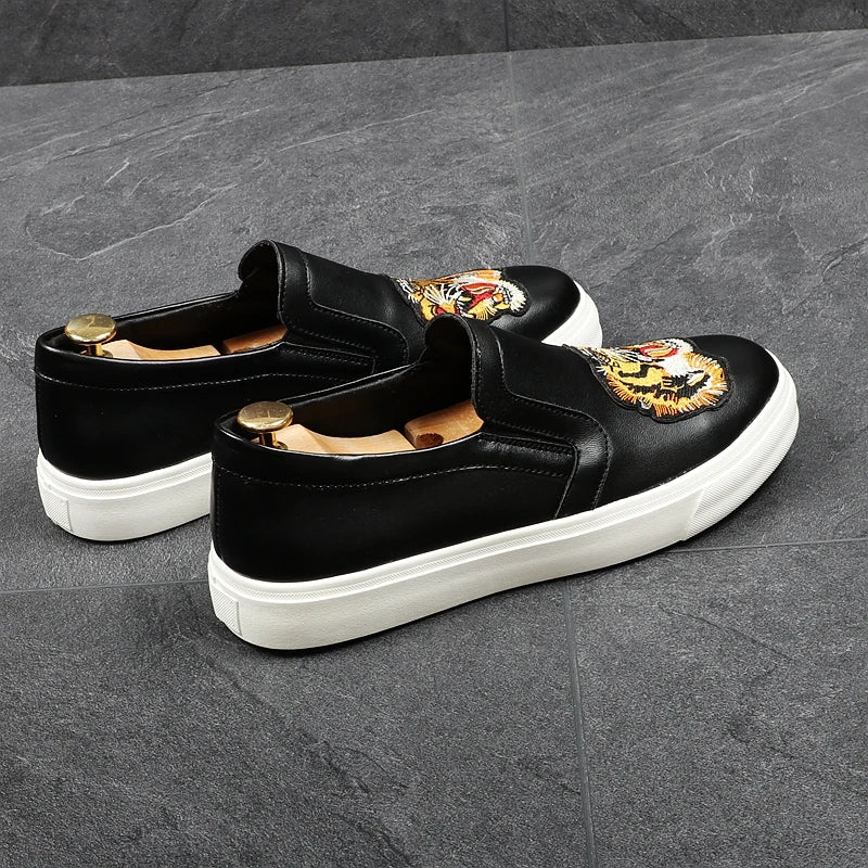 Tiger Embroidery Microfiber Black Loafers