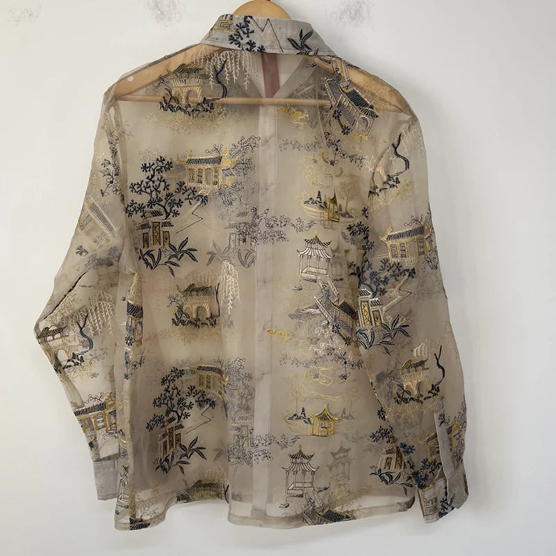 Oriental Embroidery Sheer Organza Shirt